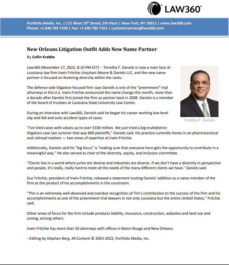 Irwin Fritchie - New Orleans Litigation Outfit Adds New Name Partner - Timothy Daniels - Law360